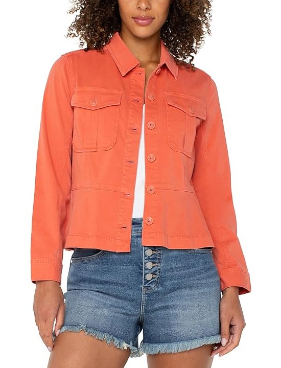 Liverpool Los Angeles Peplum Hem Trucker Jacket Soft Touch Twill Womens Jacket Papaya