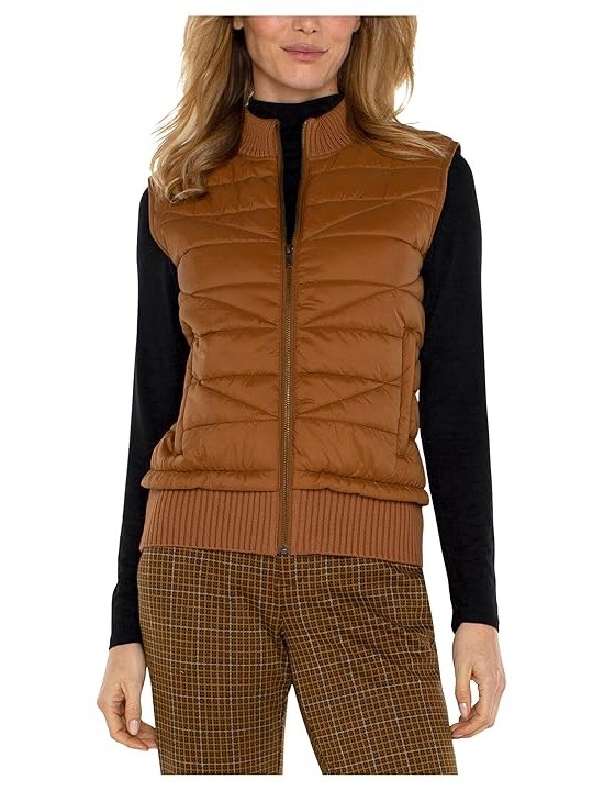 Liverpool Los Angeles Petite Sleeveless Quilted Front Full Zip Sweater Vest Womens Jacket Tumeric