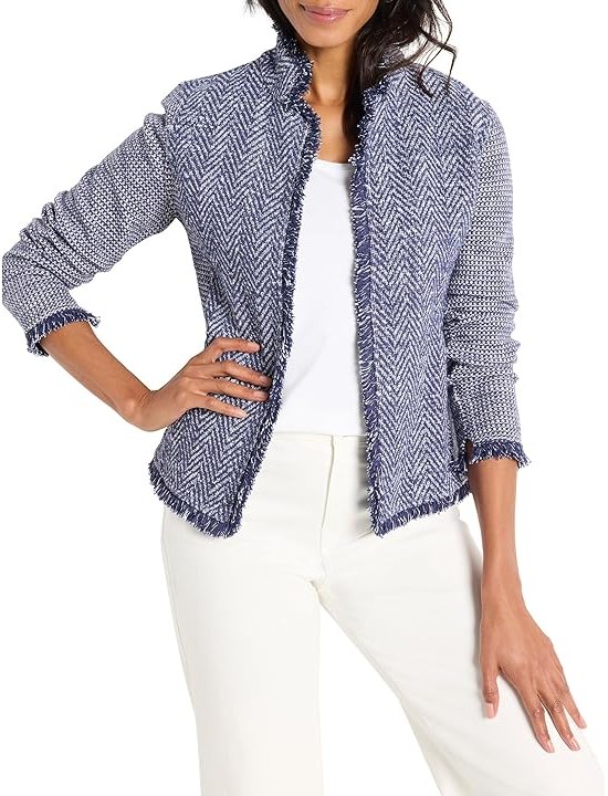 NIC+ZOE Notch Collar Fringe Mix Knit Jacket Womens Jacket Indigo Mix